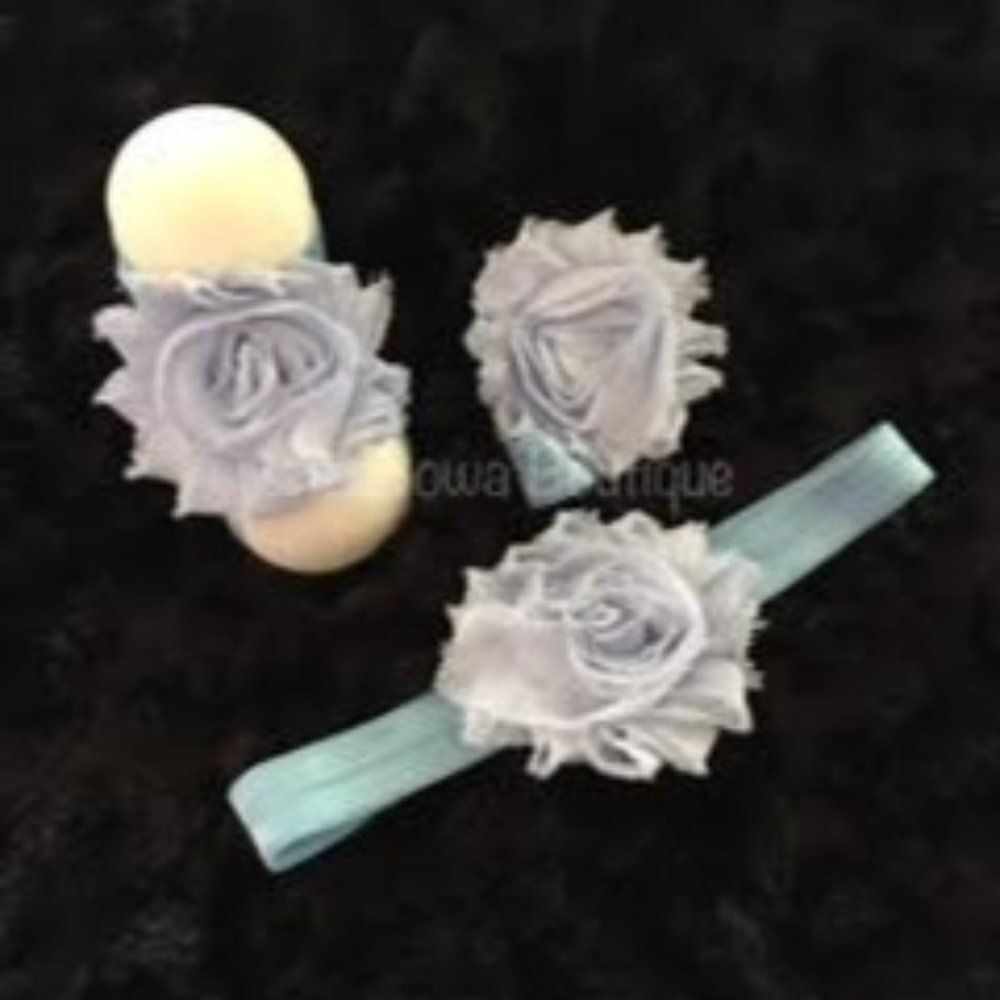 Blue Shabby Flower Barefoot Sandal & Headband   5SET222  HANDMADE  Boutique